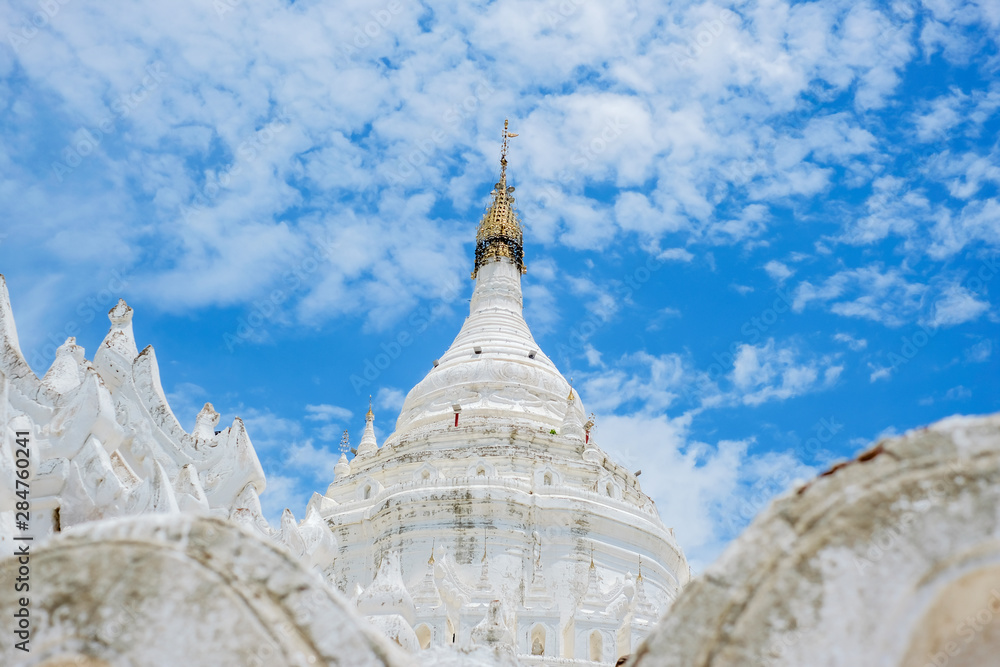 Beautiful Hsinbyume Pagoda (Mya Thein Dan) or called Taj Mahal of Irrawaddy river, is a large white pagoda built in 1816, located in Mingun, Sagaing region near Mandalay, Myanmar. landmark and popular