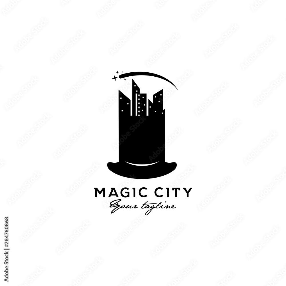 magic city magician hat with building vector logo design
