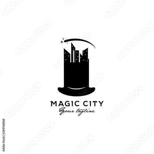 magic city magician hat with building vector logo design