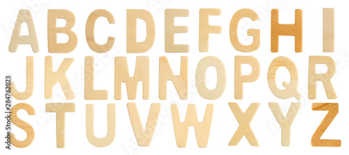Capital wooden block letter alphabet set of 26 isolated on white background