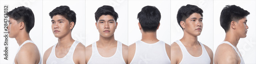 Collage pack group of Asian Teenager man after make up hair style. no retouch, fashion face, express many feeling and posing. Studio lighting white background isolated, rear side back view
