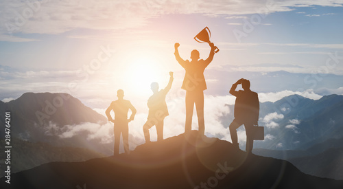 Fotografie Achievement and Business Goal Success Concept - Creative business people with icon graphic interface showing employee reward giving for business success achievement