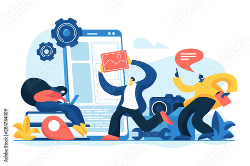 Smartphone software, UI interface construction. Mobile app development, mobile device application building, app development software concept. Vector isolated concept creative illustration