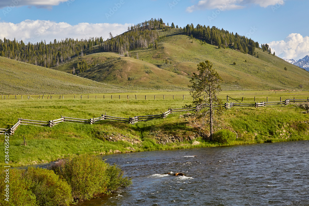 Obraz premium Babbling river running through Sawtooth mountains, green foothills, fields, near Stanley Idaho
