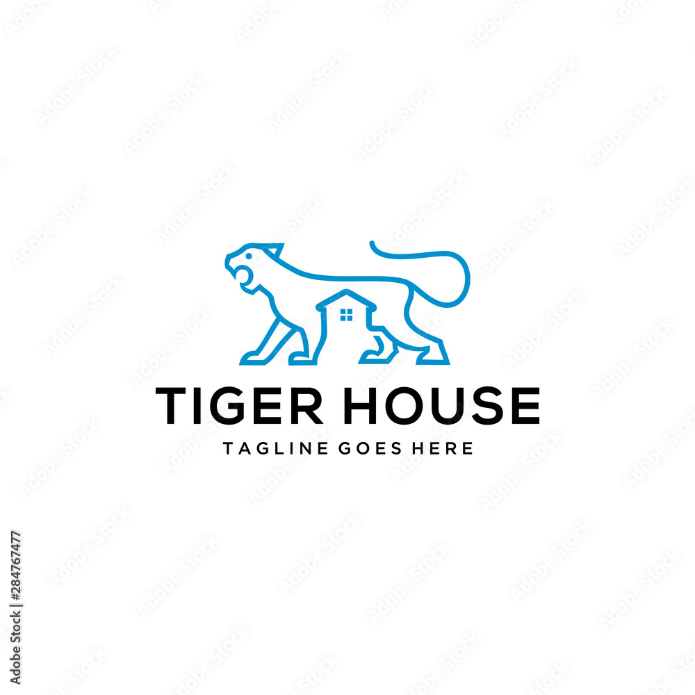 Illustration abstract house hidden in the tiger body made in mono line logo design