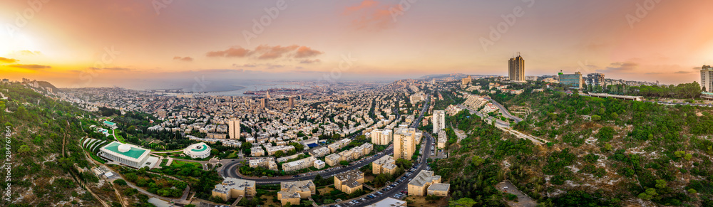 Aerial panorama view of the Carmel and Haifa port before sunset in Israel