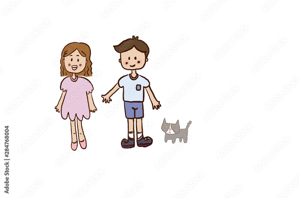 Cartoon of boy stand together with a girl, grey kitten is near the boy. Cartoon of boy stand together with a girl, grey kitten is near the boy.