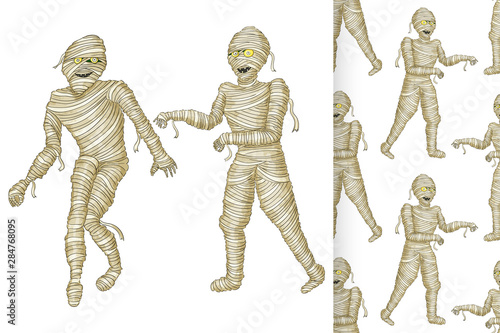 Fotografia Egyptian mummy and seamless pattern Boy in Halloween mummy costume laughing scarring