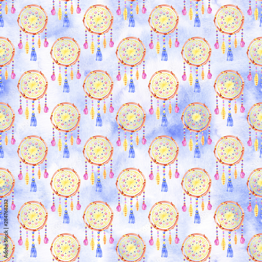 Seamless pattern with dreamcatchers, hand drawn in watercolor. Seamless texture with hand drawn feathers. Illustration for your design. Bright colors.