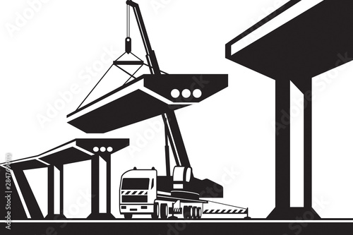 Mobile crane lifting part of a bridge - vector illustration
