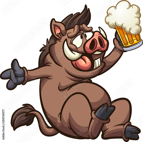 Foto Happy, fat and drunk carton boar holding a beer clip art