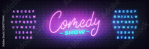 Fototapeta Comedy show neon. Lettering neon glowing sign for Comedy show