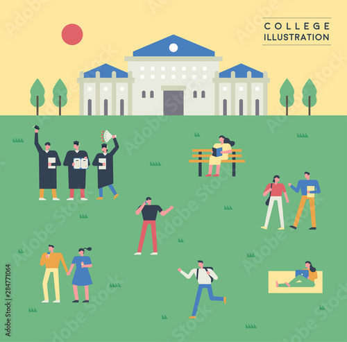 Students on college campus building and lawn. flat design style minimal vector illustration.