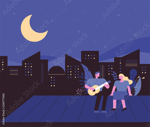 City night. A man playing guitar to his girlfriend on the roof. flat design style minimal vector illustration.