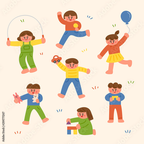 Cute children are playing on the lawn. flat design style minimal vector illustration.