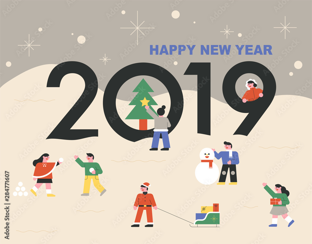 People playing outside on a snowy day. Christmas and new year card concept. flat design style minimal vector illustration.