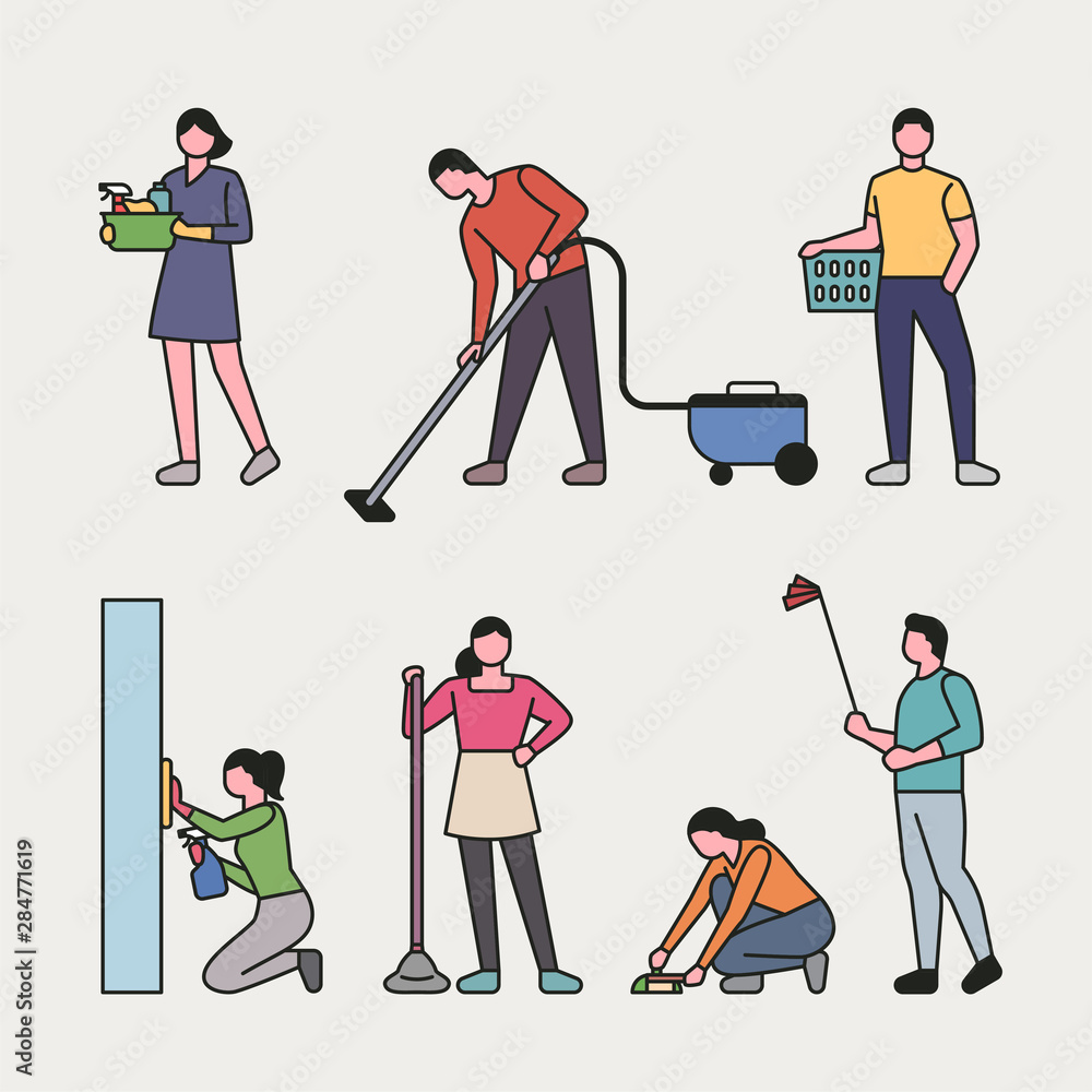 Obraz premium Set of people people doing house cleaning. flat design style minimal vector illustration.