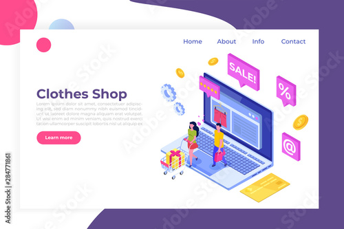 Online clothes  shopping, e-commerce sales, digital marketing.  Isometric vector illustration