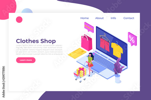 Online clothes shopping, e-commerce sales, digital marketing. Isometric vector illustration