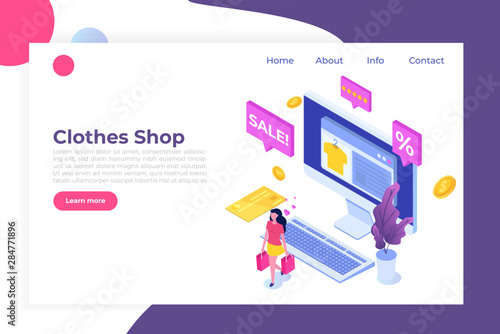 Online clothes  shopping, e-commerce sales, digital marketing.  Isometric vector illustration