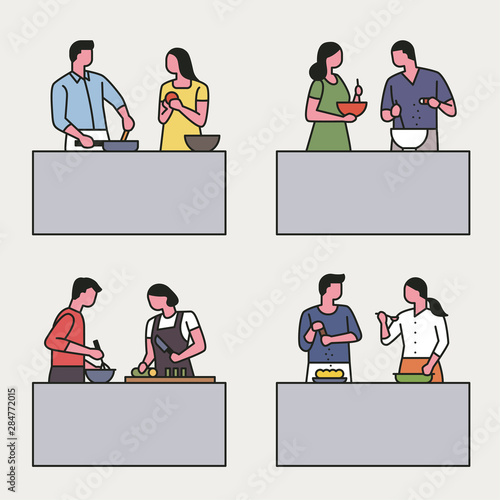 Outline style couple character set cooking together. flat design style minimal vector illustration.