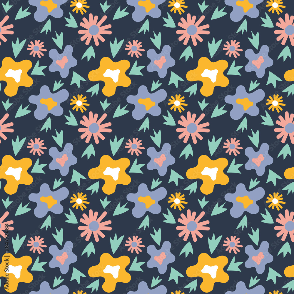 Obraz premium Seamless floral background . Hand drawn vintage pattern on blue background for fabric, digital paper.