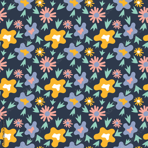 Seamless floral background . Hand drawn vintage pattern on blue background for fabric, digital paper.