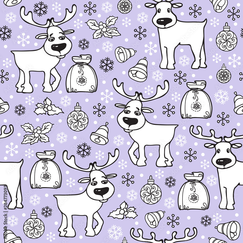 Christmas seamless pattern with deer. Gift, reindeer, toys, snowflake. Vector.