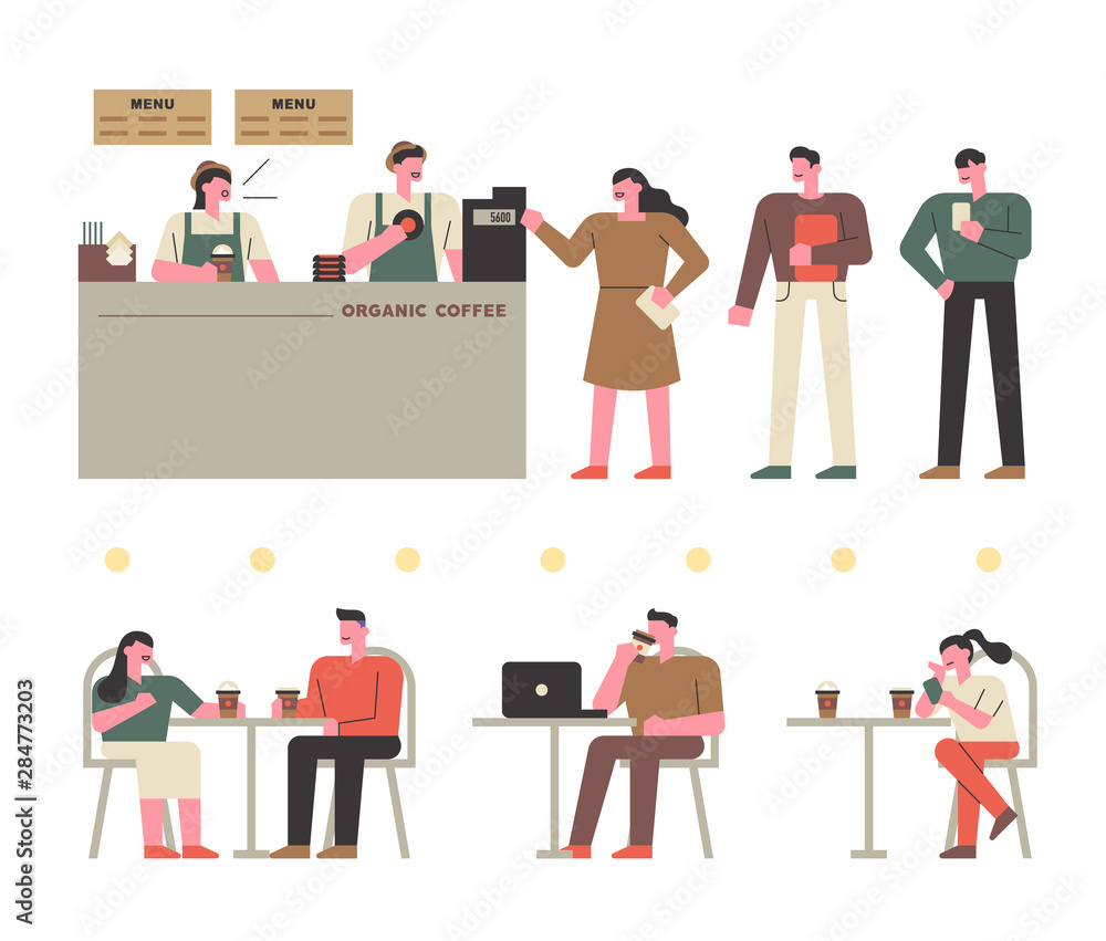 customer characters ordering at cafe. Barista character. Coffee shop scenery. flat design style minimal vector illustration. customer characters ordering at cafe. Barista character. Coffee shop scenery. flat design style minimal vector illustration.