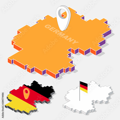 Germany flags on map element with 3D isometric shape isolated on background, vector illustration