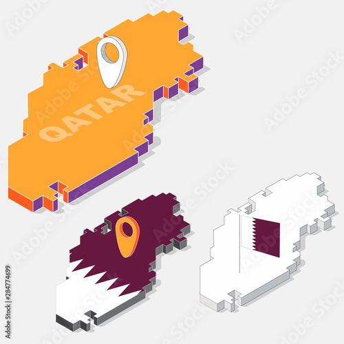 Qatar flag on map element and 3D isometric shape isolated on background, vector illustration