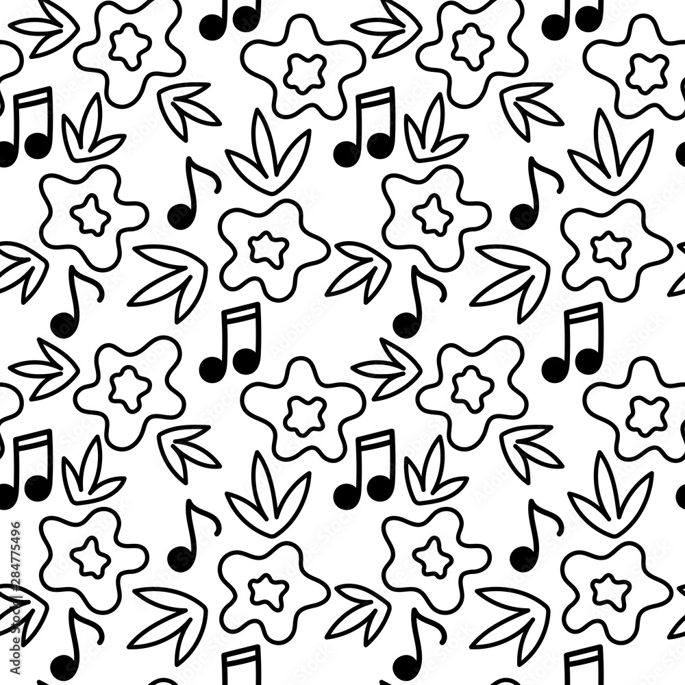 Seamless floral and musical background . Vector Hand drawn pattern, flowers, leaves, musical notes. Black and white