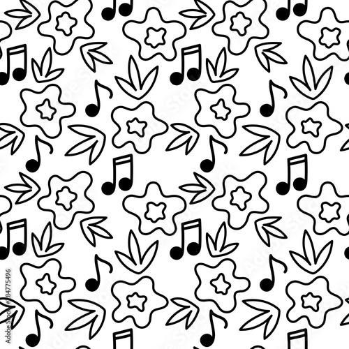 Seamless floral and musical background . Vector Hand drawn pattern  flowers  leaves  musical notes. Black and white