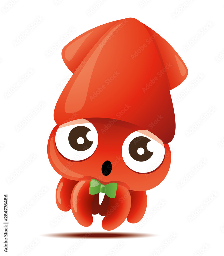 Cartoon cute squid with green bowtie, vector mascot character vector