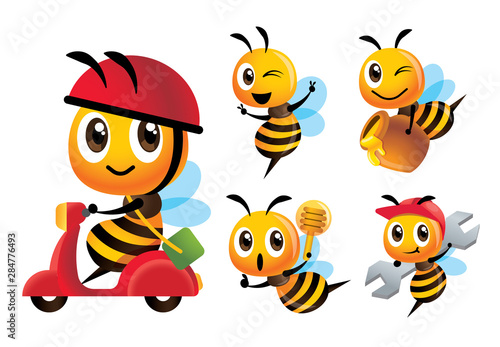 Cartoon cute bee vector mascot set. Cartoon cute bee rides scooter delivery, bee holds a honey dipper, wears cap, carries honey pot, carries a spanner tool - Bee Vector character set