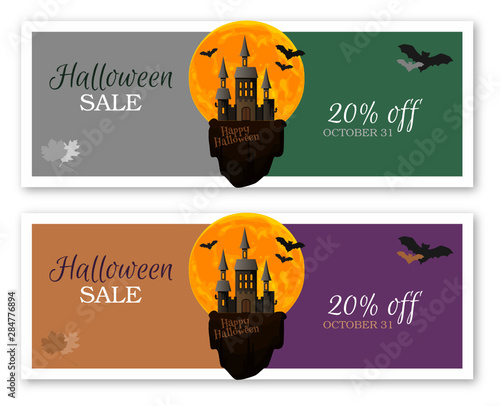 Halloween Sale Flyer Vektor Design Vorlage mit Vollmond, gruseligem Schloss und Fledermäusen