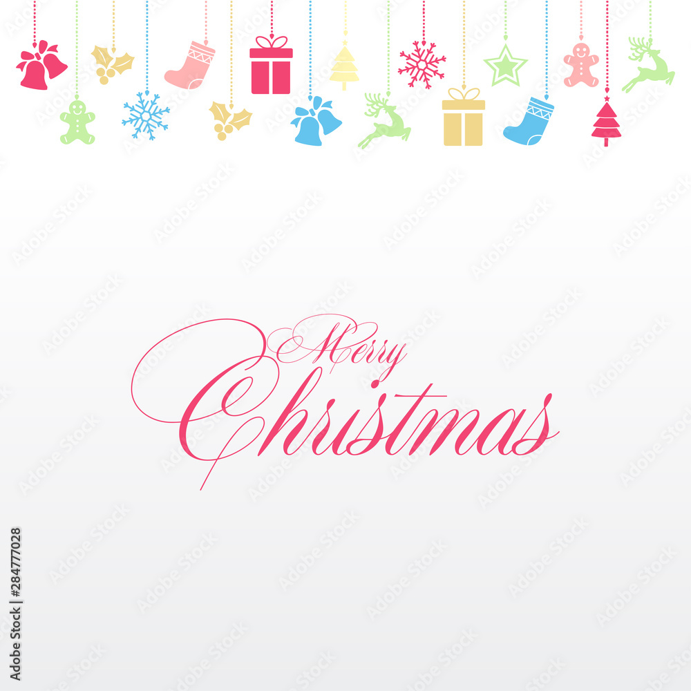 Merry Christmas greeting card with Christmas ornaments. Vector