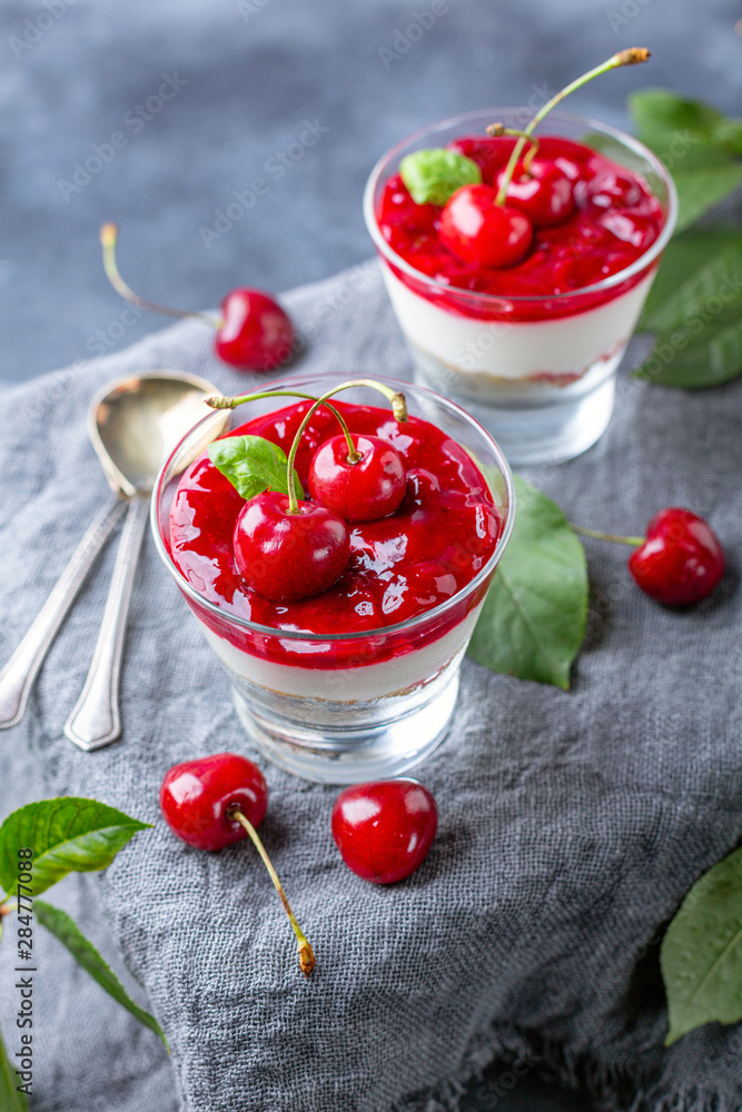Delicious cheesecake with cherry jelly.
