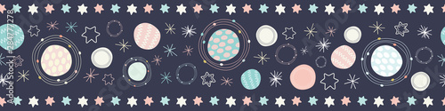Space seamless pattern border. A fun vector repeat of stars and planets ideal for children.