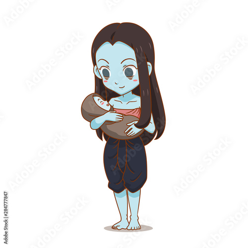 Cartoon character of Thai female ghost Carrying a child.