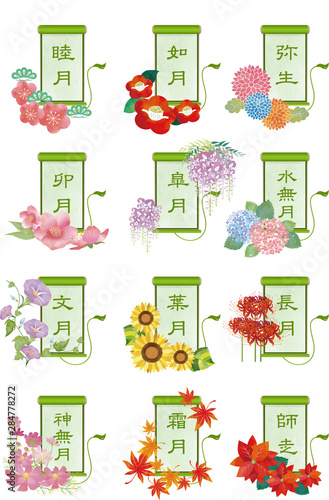 カレンダー　12ヶ月　季節　花　和風月名