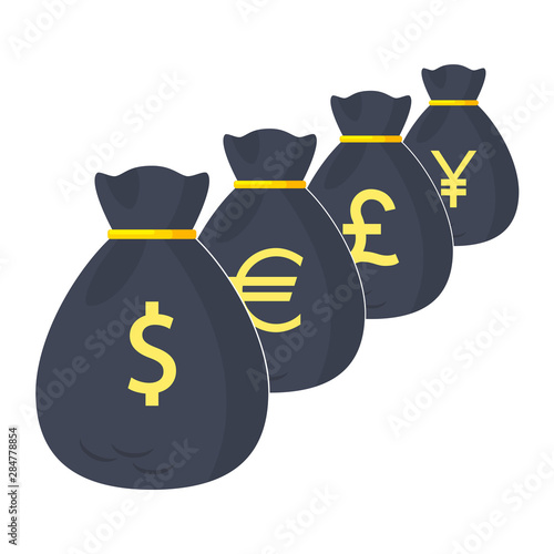 Money bag, sack with dollar, euro, pound, yen, yuan sign. Investment, banking, market concept. Vector flat design
