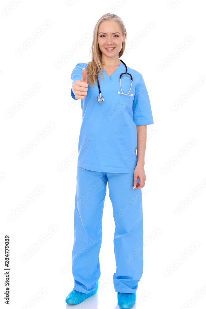 Doctor woman or nurse isolated over white background. Cheerful smiling medical staff representative. Medicine concept Doctor woman or nurse isolated over white background. Cheerful smiling medical staff representative. Medicine concept