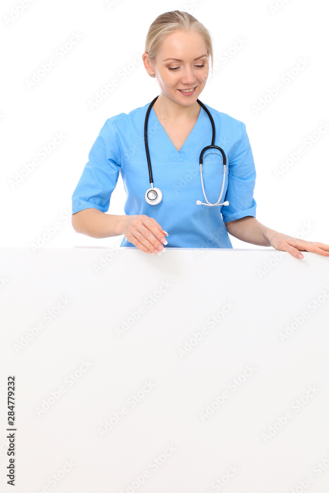 Doctor woman or nurse isolated over white background. Cheerful smiling medical staff representative. Medicine concept Doctor woman or nurse isolated over white background. Cheerful smiling medical staff representative. Medicine concept