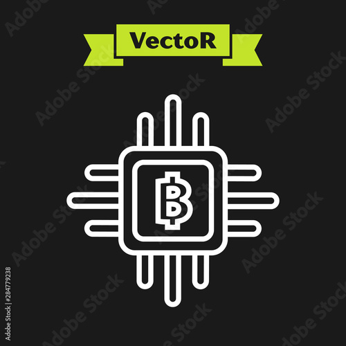 White line CPU mining farm icon isolated on black background. Bitcoin sign inside processor. Cryptocurrency mining community. Digital money. Vector Illustration