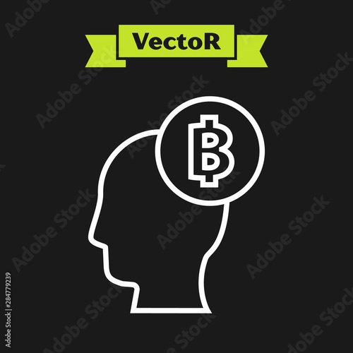 White line Bitcoin think icon isolated on black background. Cryptocurrency head. Blockchain technology, digital money market, cryptocoin wallet. Vector Illustration