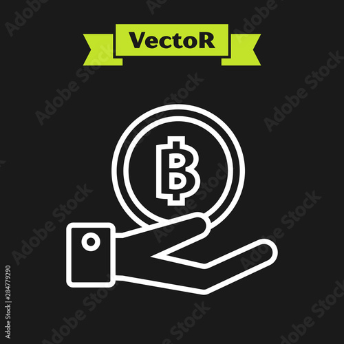 White line Hand holding Bitcoin icon isolated on black background. Blockchain technology, digital money market, cryptocoin wallet. Vector Illustration