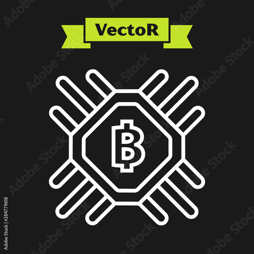 White line CPU mining farm icon isolated on black background. Bitcoin sign inside processor. Cryptocurrency mining community. Digital money. Vector Illustration