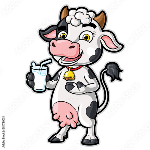 Cow Cartoon Character Holding a Glass of Milk