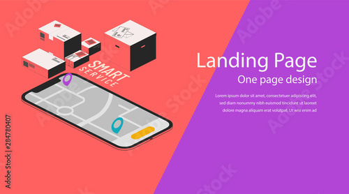 Isometric vector illustration of a smartphone and map. Smart service. Boxes and tags for app concept background. Website template for online delivery and transportation.